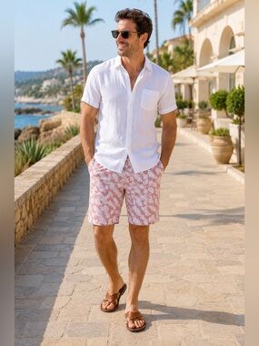 JACHS New York Mens Shorts 30 Pink White Leaf Seersucker Bleecker Cotton NWT